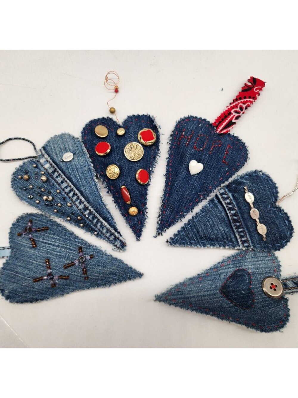 Denim Hanging Heart Ornaments Embellished Buttons Beads Embroidery Handmade